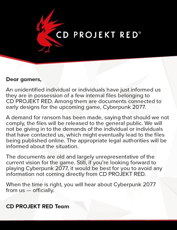 CD Projekt RED je vydírán kvůli uniklým souborům z vývoje Cyberpunku 2077 145528