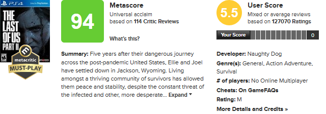 Metacritic mění pravidla uživatelského hodnocení Screenshot 2020 07 17 The Last of Us Part II