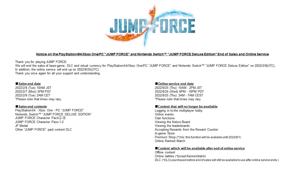 Jump Force v příštím roce bude staženo z obchodů Jump2