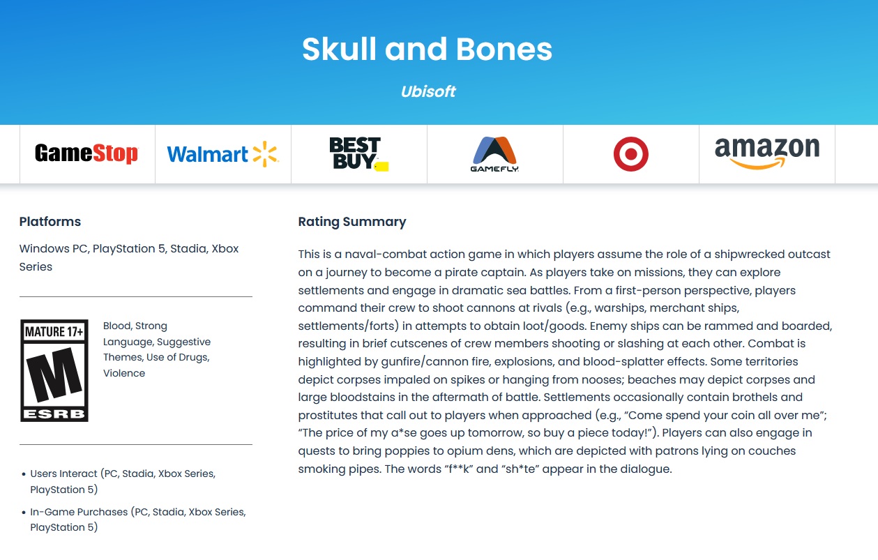 Skull and Bones ohodnoceno komisí ESRB Skull ESRB