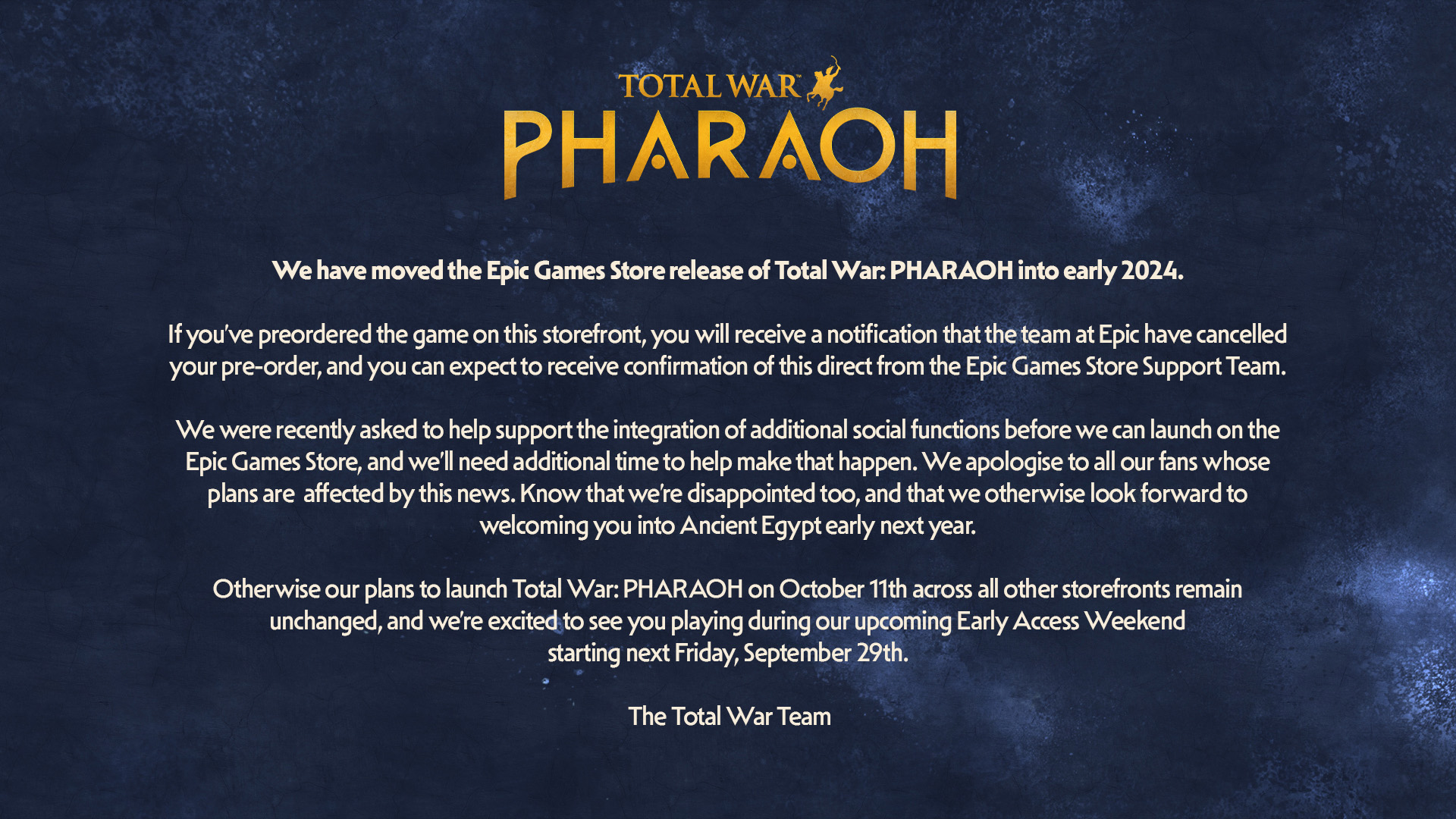 Total War: Pharaoh dorazí na Epic Games Store až příští rok Total War Pharaoh 7